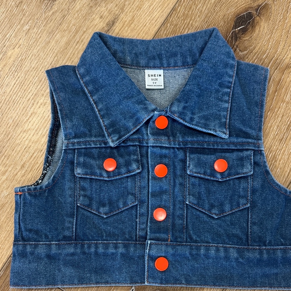 SHEIN Kids Blue Denim Vest with Orange Accents